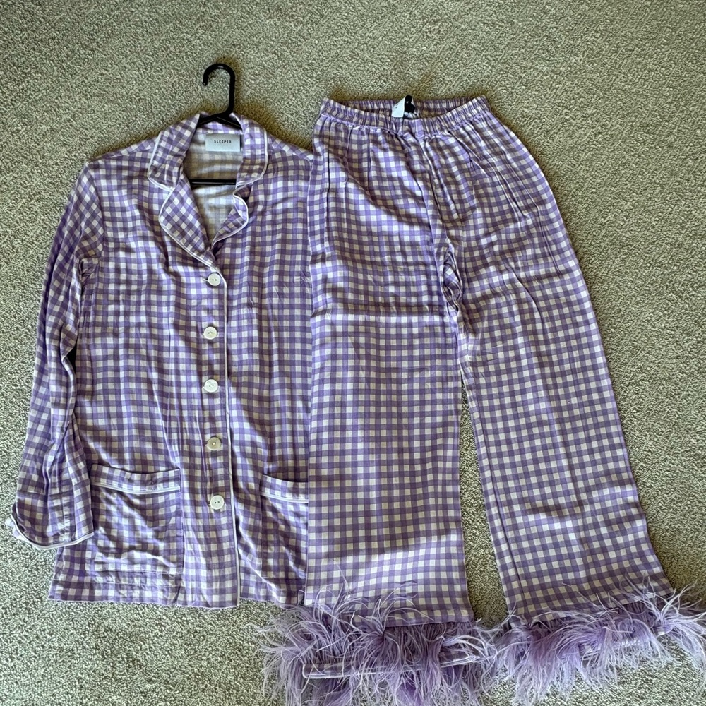 Sleeper Lavender Checkered Pajamas with Feather Trim
